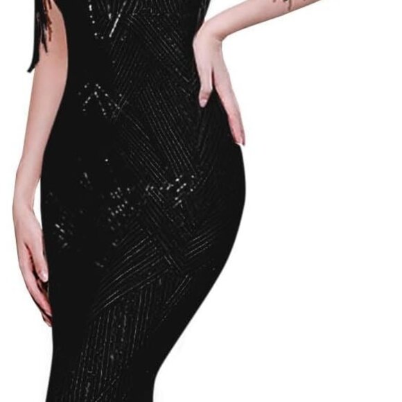 Black Sequin Fringe Sleeve Maxi Dress Plus Size - Picture 7 of 9